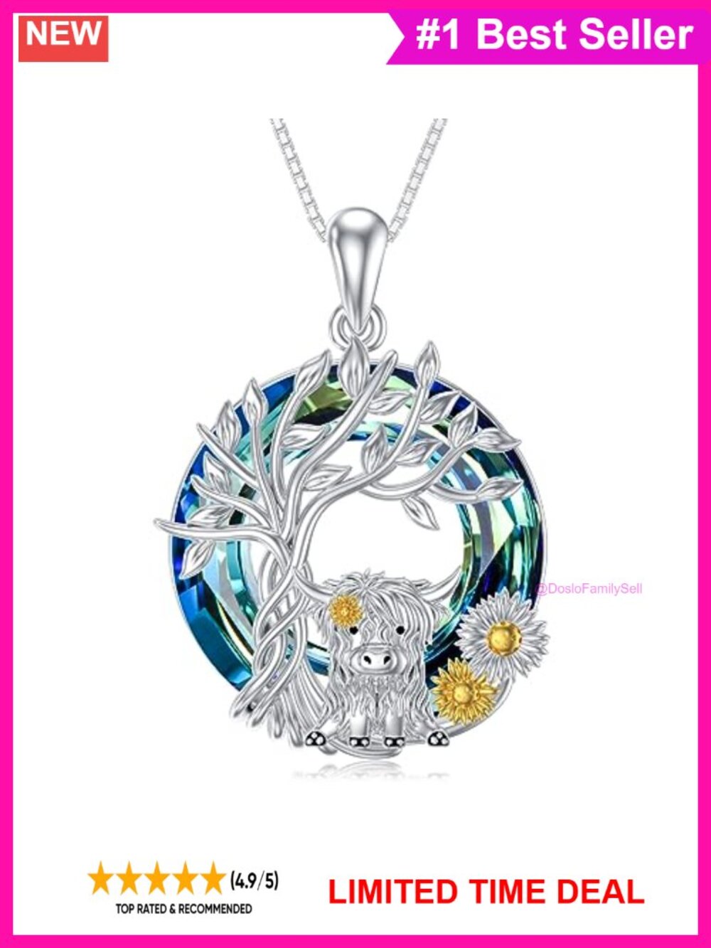 925 Sterling Silver Highland Cow Pendant Necklace Blue Crystal 18in Box Chain